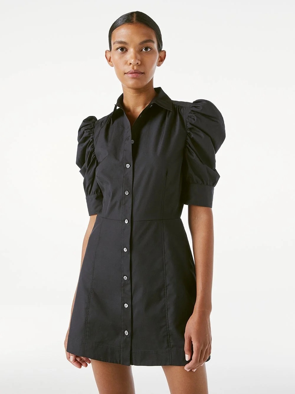 FRAME XS Puff-Sleeve Button-Front Black Mini Dress Party Event Designer Preppy